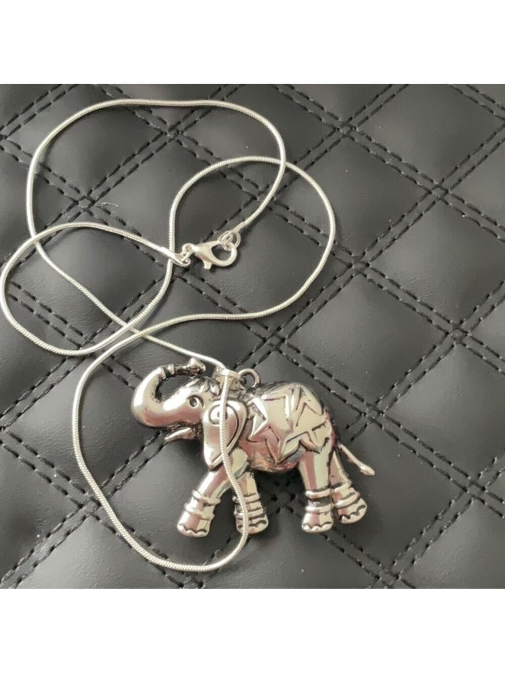 Elephant Pendant 925 Snake Chain Black Leather Chain